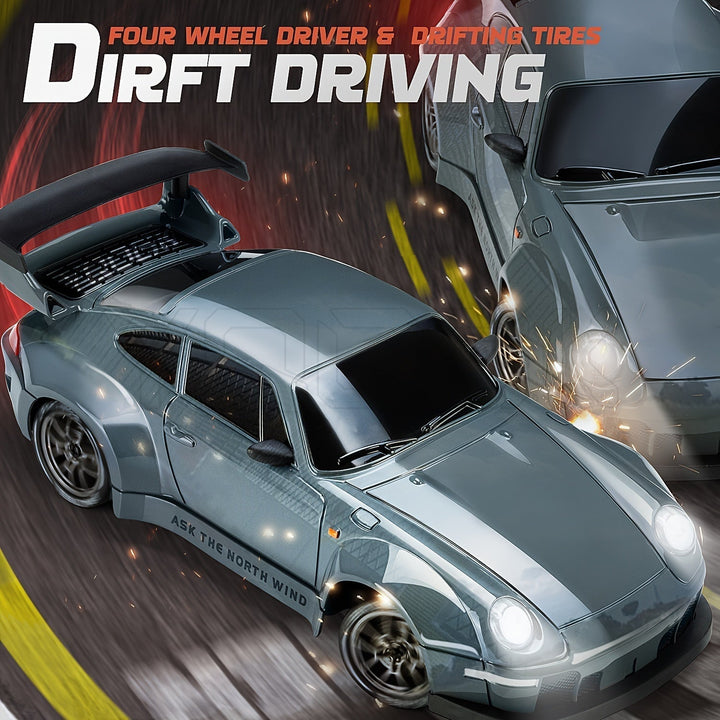 "Voiture RC Drift 4WD en action avec LED brillantes et batterie rechargeable, idéale pour drifts spectaculaires."