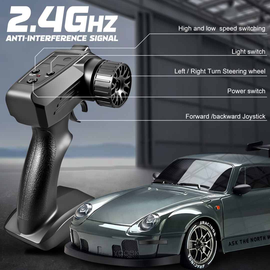 "Voiture RC Drift 4WD en action avec LED brillantes et batterie rechargeable, idéale pour drifts spectaculaires."