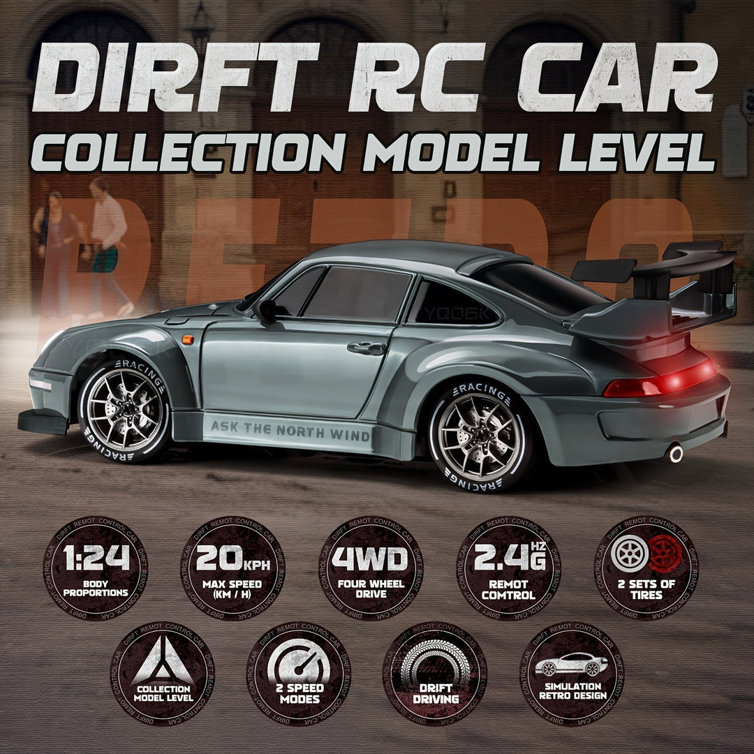 "Voiture RC Drift 4WD en action avec LED brillantes et batterie rechargeable, idéale pour drifts spectaculaires."