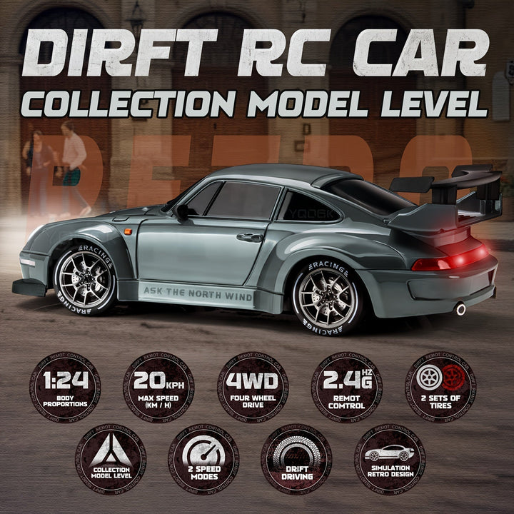 "Voiture RC Drift 4WD en action avec LED brillantes et batterie rechargeable, idéale pour drifts spectaculaires."