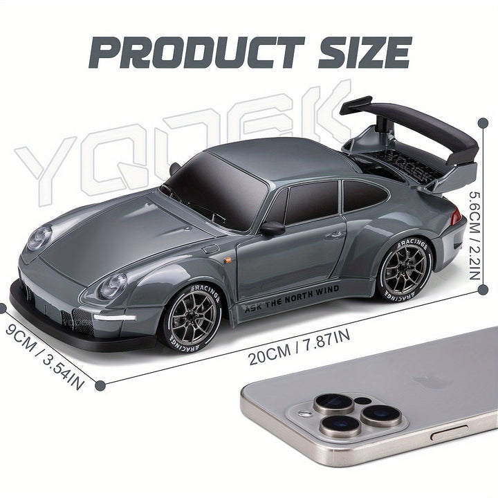 "Voiture RC Drift 4WD en action avec LED brillantes et batterie rechargeable, idéale pour drifts spectaculaires."