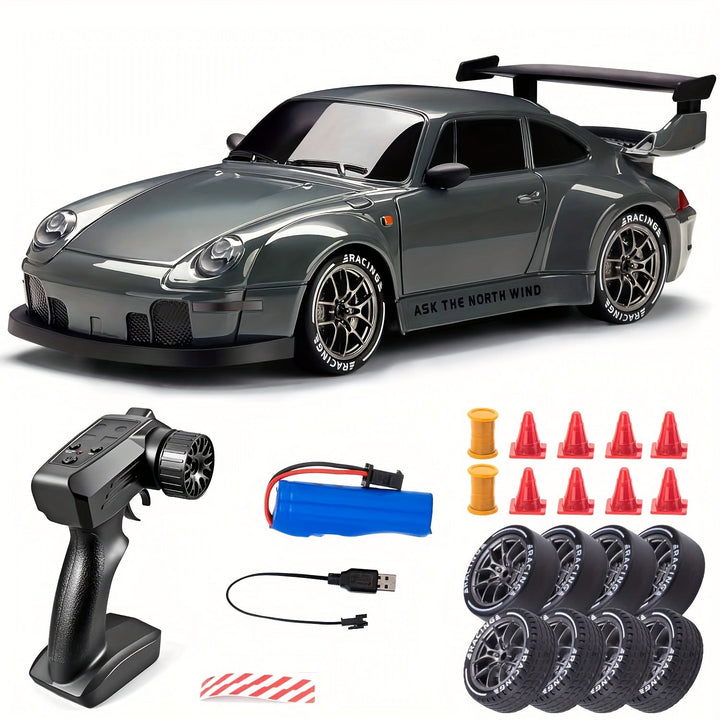 "Voiture RC Drift 4WD en action avec LED brillantes et batterie rechargeable, idéale pour drifts spectaculaires."