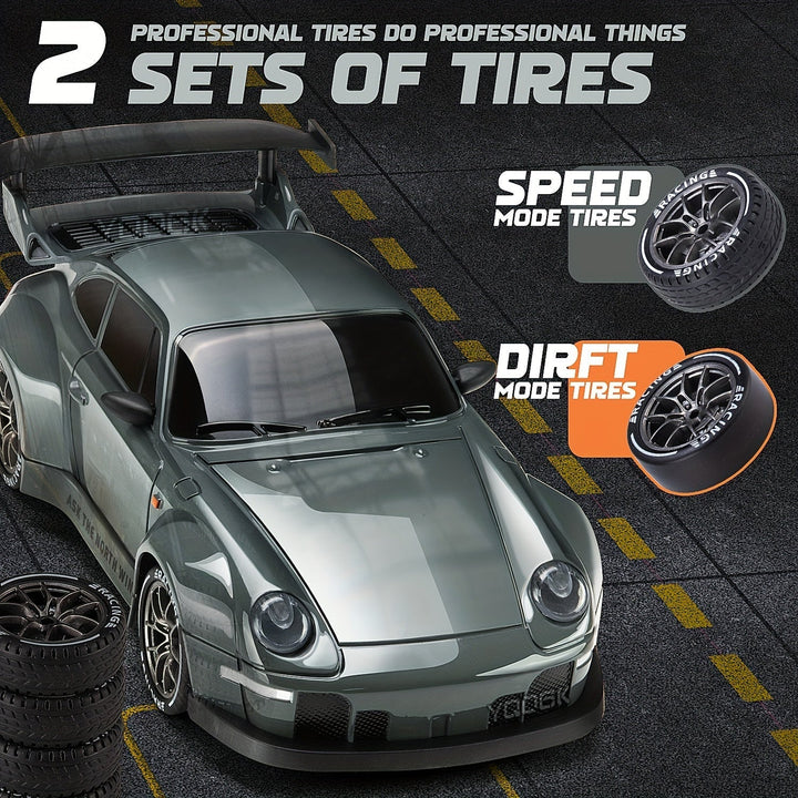 "Voiture RC Drift 4WD en action avec LED brillantes et batterie rechargeable, idéale pour drifts spectaculaires."
