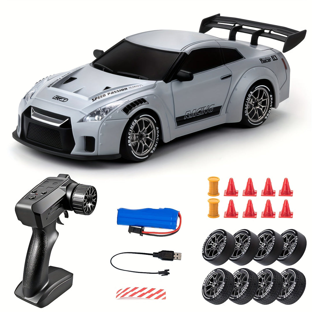 "Voiture RC Drift 4WD en action avec LED brillantes et batterie rechargeable, idéale pour drifts spectaculaires."