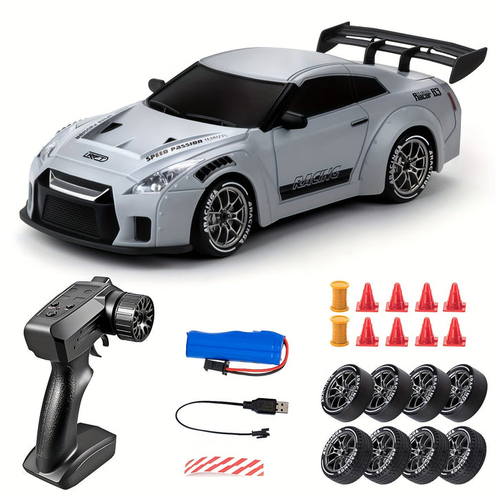 "Voiture RC Drift 4WD en action avec LED brillantes et batterie rechargeable, idéale pour drifts spectaculaires."
