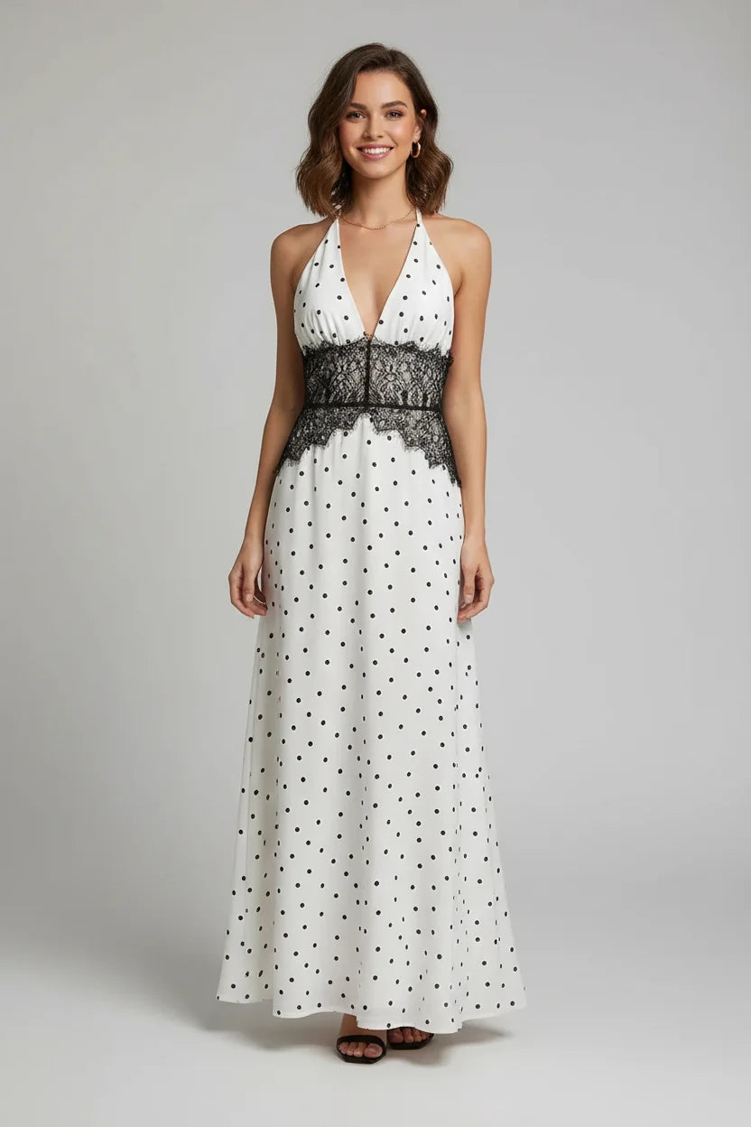 Robe femme chic dos nu style halter en satin, robe longue avec fente, parfaite pour la mode soirée élégante.