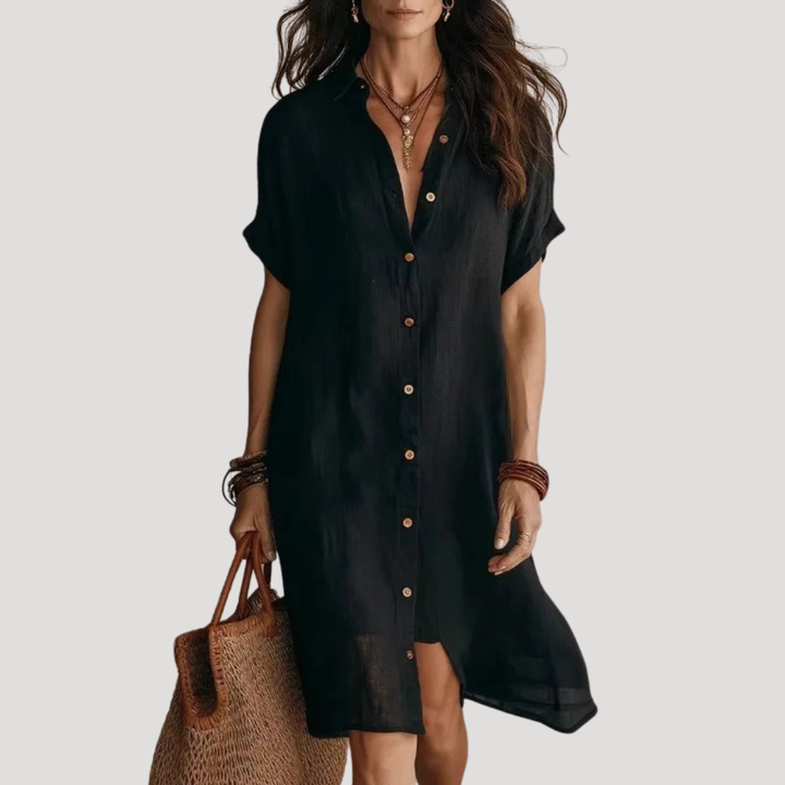 Robe chemise longue femme décontractée et élégante, col V, idéale printemps/été. Fluide et confortable.