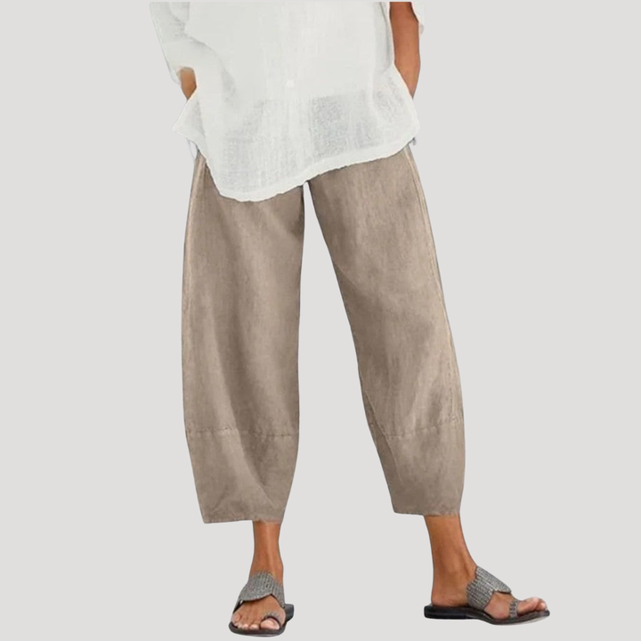 Pantalon ample en lin femme, couleur naturelle, idéal pour un look décontracté et confortable printemps/été.