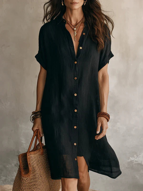 Robe chemise midi fluide et confortable pour femme, idéale pour les vacances d'été ou un look décontracté chic.