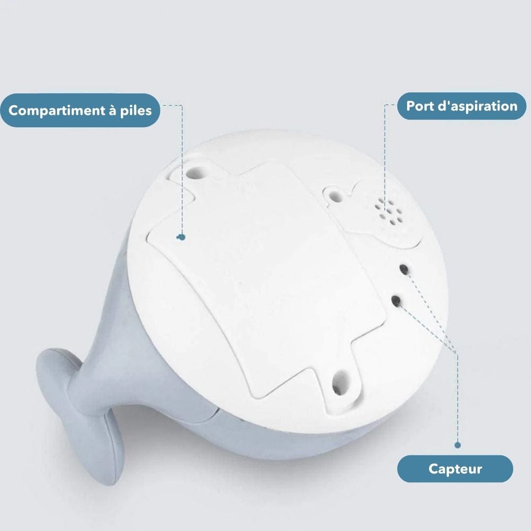 Jouet de bain bébé baleine Mila, lumineux et interactif. Conçu pour l'éveil sensoriel et le plaisir dans l'eau.