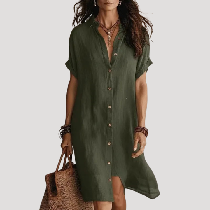 Robe longue femme fluide décontractée à col V, style chemise élégante. Parfaite pour le confort en été.