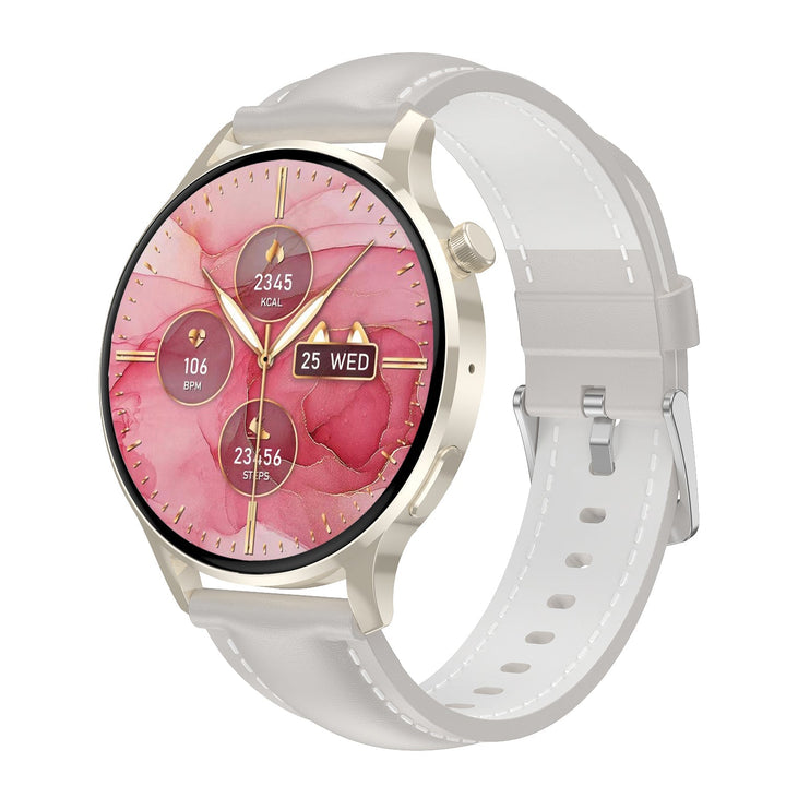 Smartwatch étanche avec appels, assistant vocal, suivi santé et fitness.