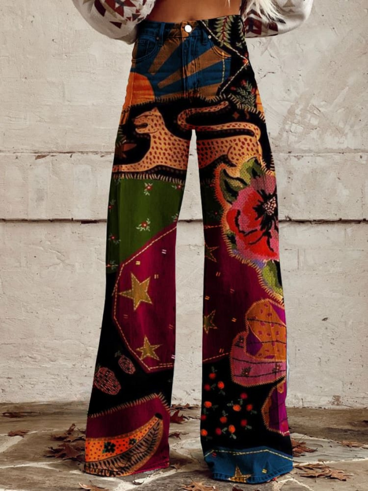 Pantalon large femme Olivia, imprimé vintage coloré, taille haute, style fluide élégant pour printemps-été.