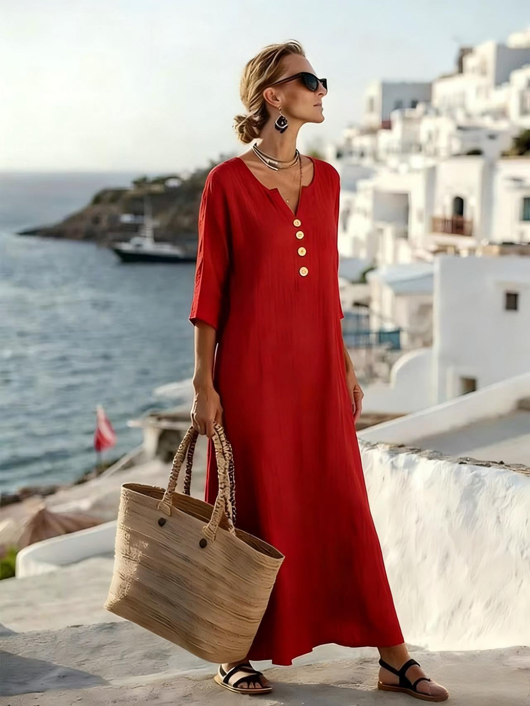 Robe fluide décontractée en coton lin pour femme, avec boutons et manches 3/4. Idéale printemps/été.