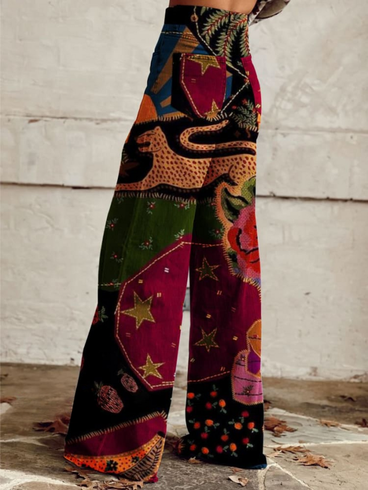 Pantalon large fluide femme, motif imprimé vintage élégant, confortable, idéal tenue décontractée printemps-été.