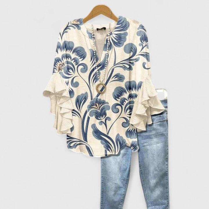 Blouse fleurie femme confortable, motifs floraux, élégante pour le printemps et l'été.