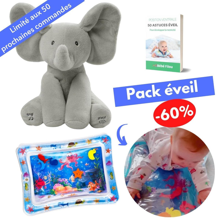 Éléphant Bibou peluche, jouet interactif pour l'éveil moteur et sensoriel des jeunes enfants et nourrissons.