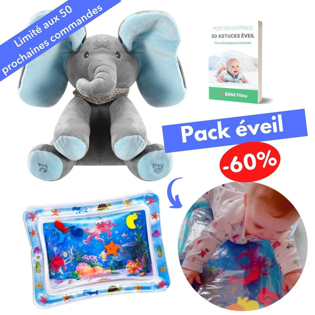 Peluche doudou éléphant Bibou avec ventre musical, stimulation interactive pour les bébés dès la naissance.