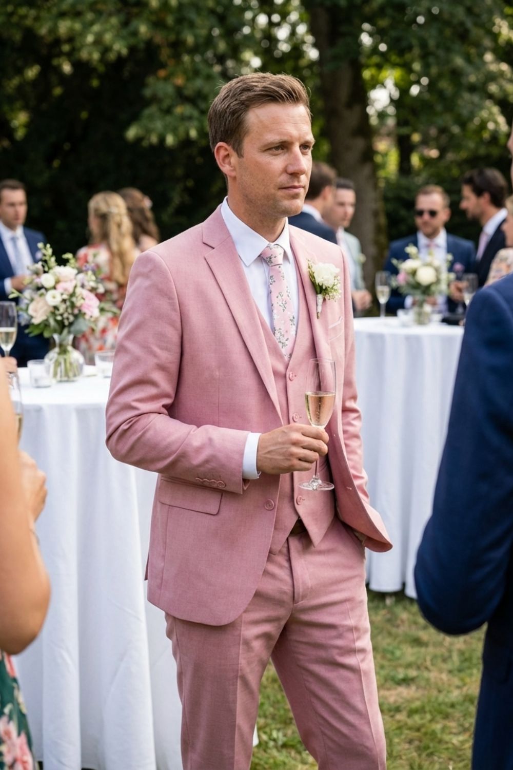 Tenue élégante homme : costume 3 pièces, gilet, veste, pantalon. Parfait pour fêtes.