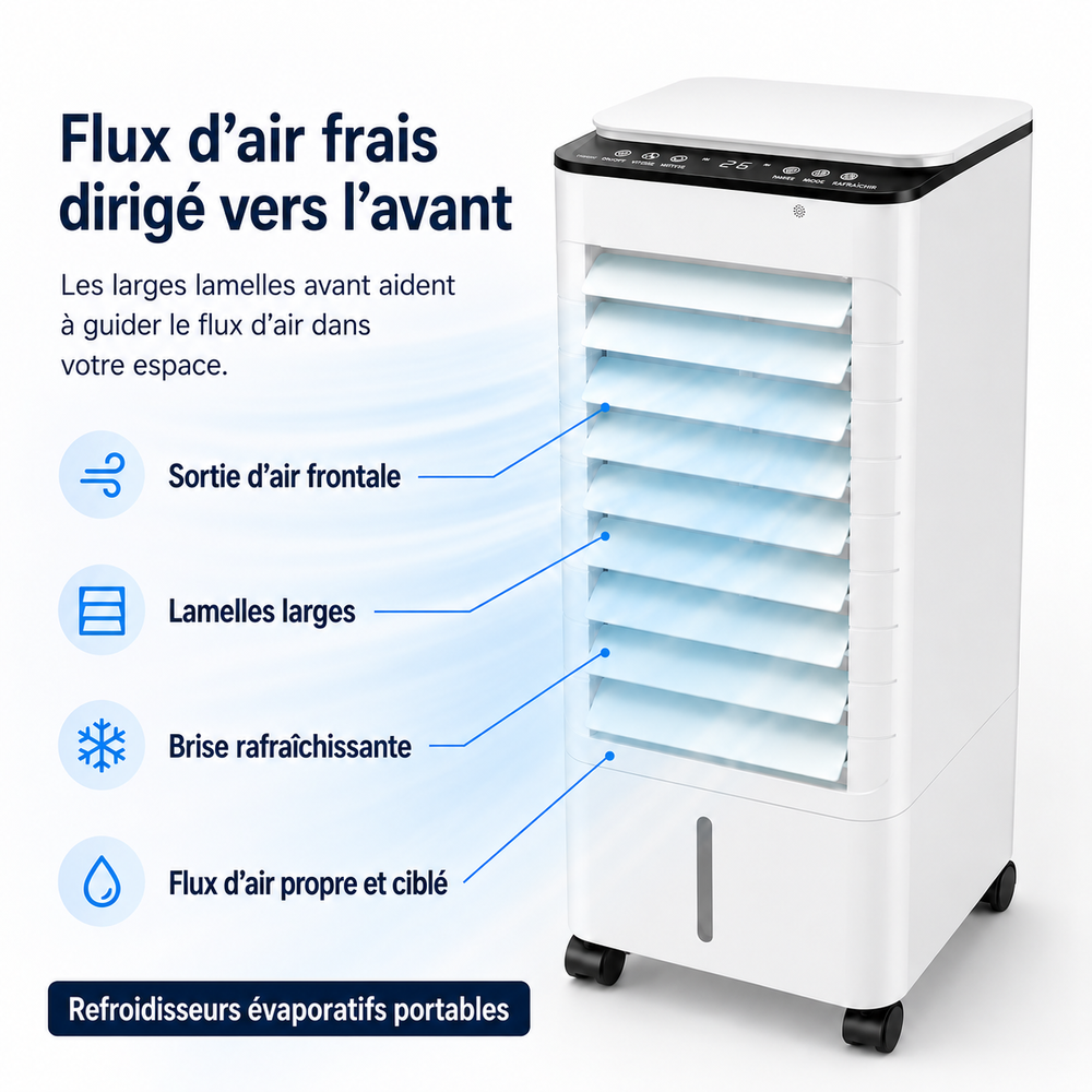 Ventilateur évaporatif compact pour air frais et humide. Économie d'énergie maison/bureau.