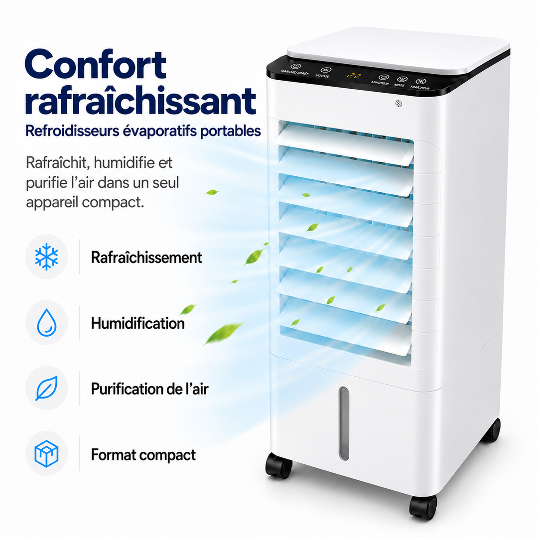 Appareil rafraîchissant 3-en-1: refroidisseur, ventilateur, humidificateur. Confort optimal.