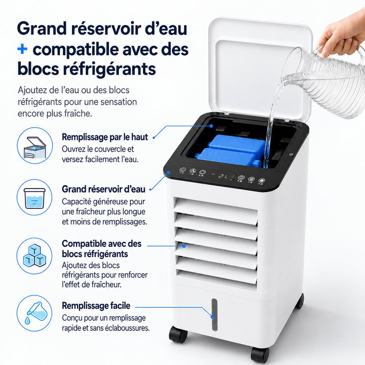 Rafraîchisseur d'air mobile sans installation. Facile à déplacer, parfait pour toute pièce de la maison.