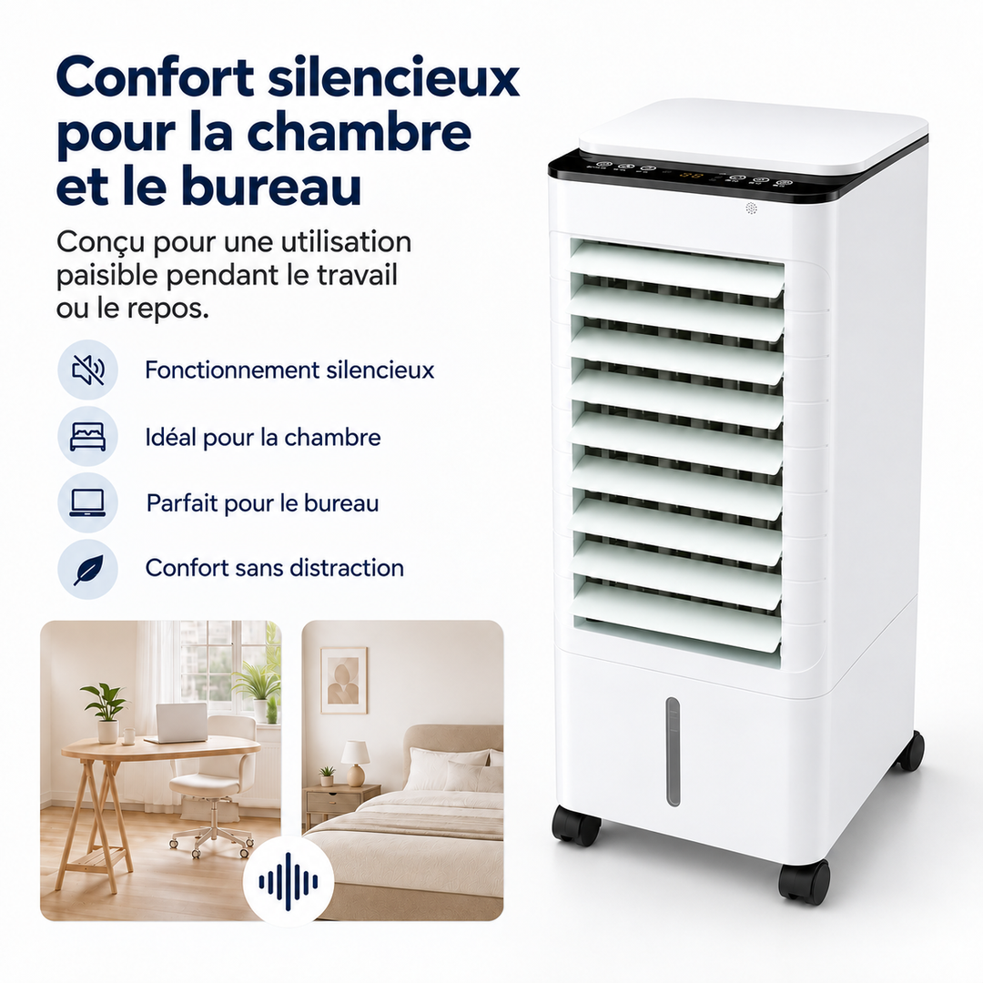 Ventilateur rafraîchissant portable pour bureau. Crée un environnement de travail frais et productif.