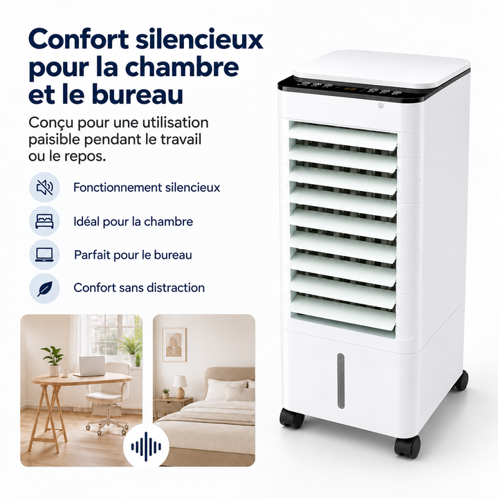 Ventilateur rafraîchissant portable pour bureau. Crée un environnement de travail frais et productif.