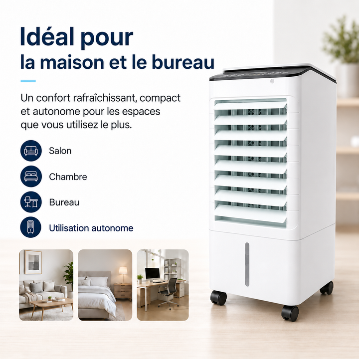 Refroidisseur d'air portable au design moderne. Rafraîchit efficacement l'espace avec style.