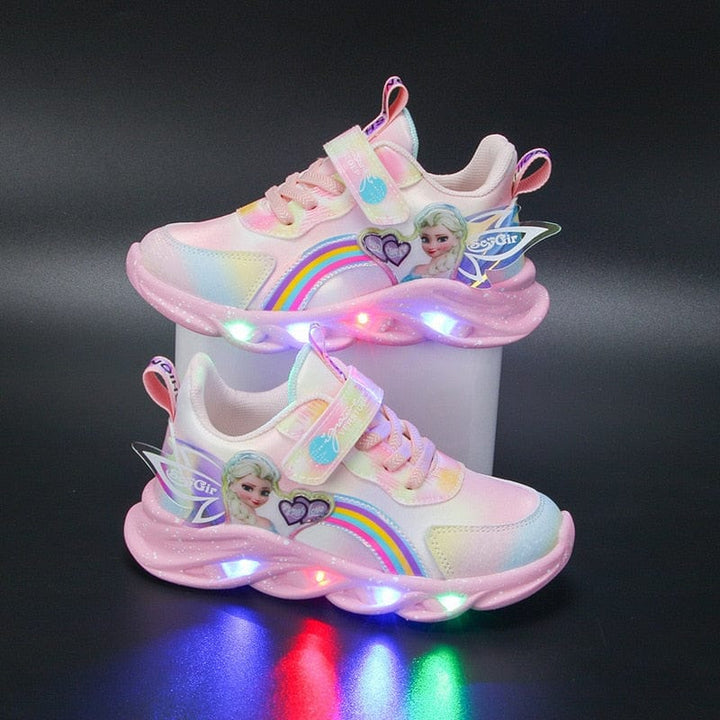 Chaussures filles lumineuses confortables, motif princesse, semelle antidérapante pour jeu.