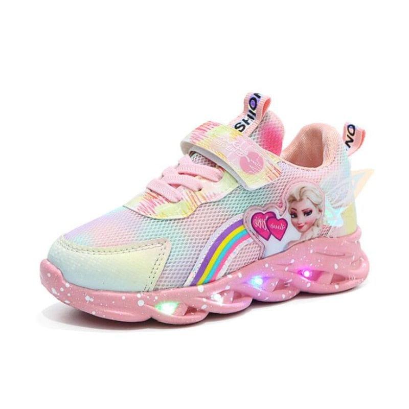 Détail des chaussures lumineuses imprimé princesse pour filles, motifs féériques et LED.