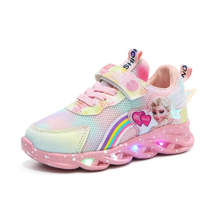 Détail des chaussures lumineuses imprimé princesse pour filles, motifs féériques et LED.