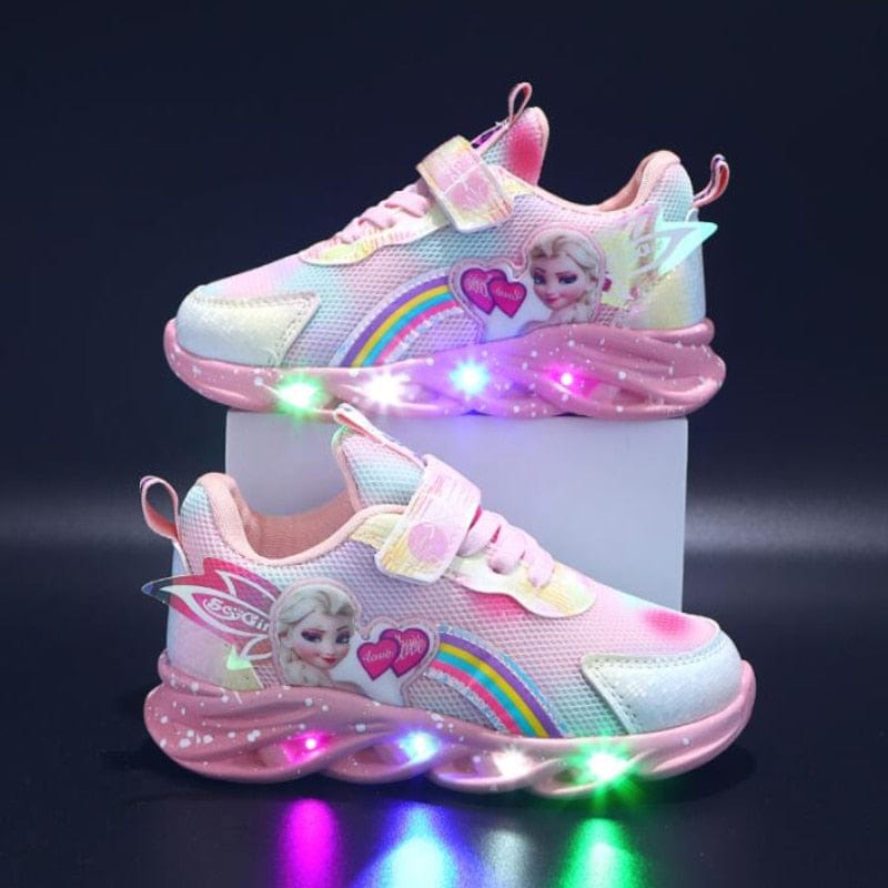 Chaussures enfant lumineuses princesse, couleur rose/violet, semelle antidérapante vue de dos.