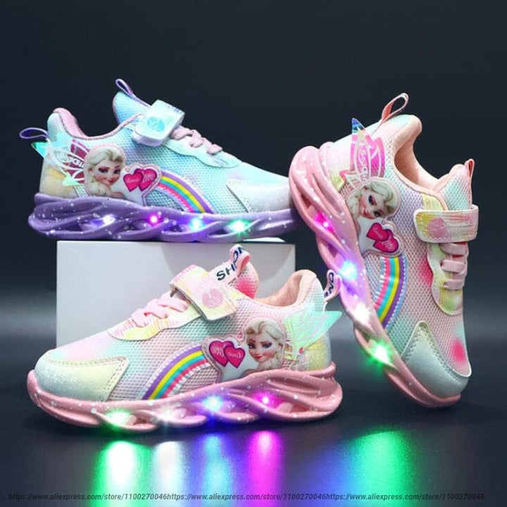 Chaussures lumineuses roses et violettes pour filles, imprimé princesse, semelle LED antidérapante.