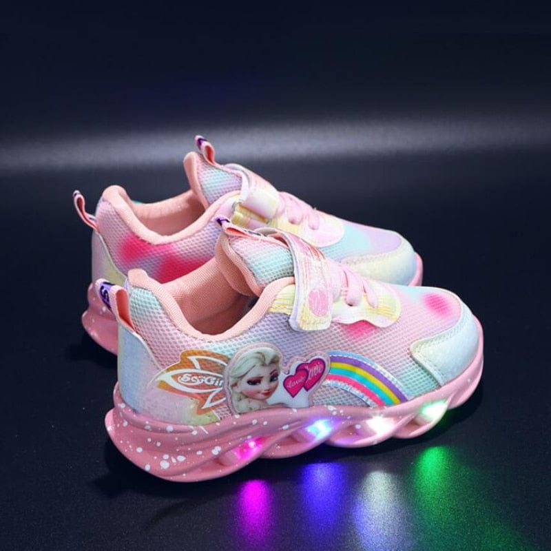Chaussures filles LED roses et violettes pour courir, motif princesse, confort optimal.
