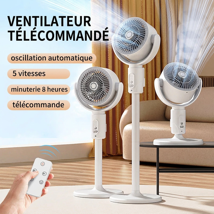 Ventilateur sur pied avec oscillation et télécommande pour un air frais et discret.