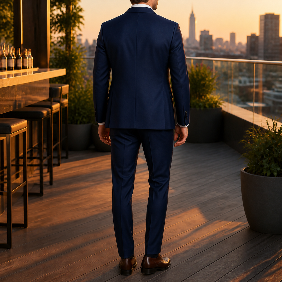Vue de dos du costume homme 3 pièces, coupe ajustée impeccable.