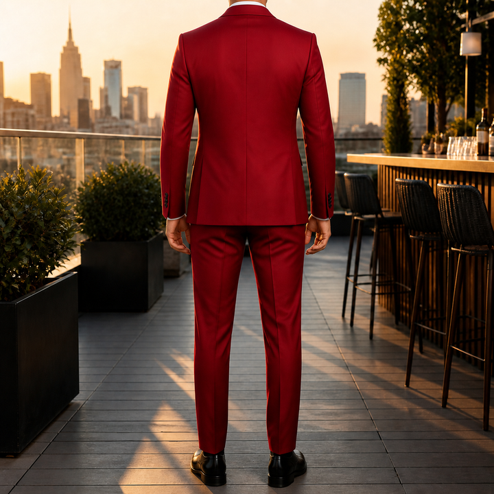 Costume homme 3 pièces, silhouette affinée grâce à la coupe ajustée.