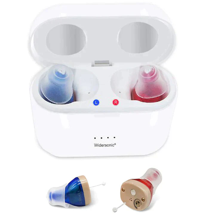 Appareil auditif invisible rechargeable, discret, avec annulation de bruit, design compact s'adaptant au conduit auditif.