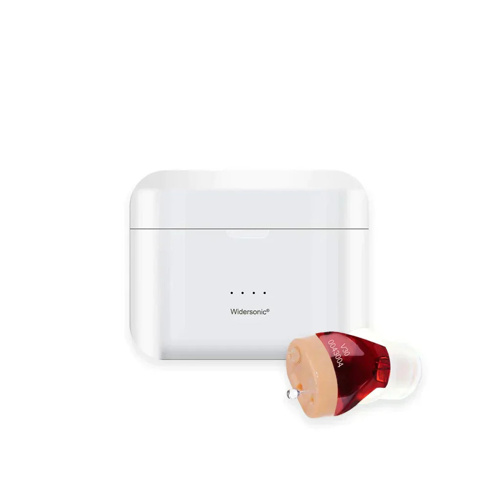 Appareil auditif invisible rechargeable, discret, avec annulation de bruit, design compact s'adaptant au conduit auditif.