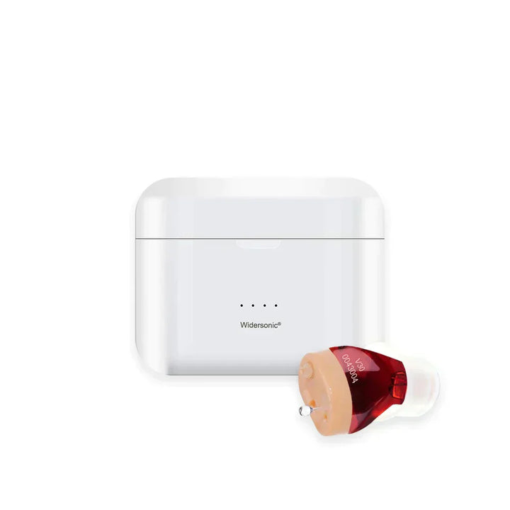 Appareil auditif invisible rechargeable, discret, avec annulation de bruit, design compact s'adaptant au conduit auditif.