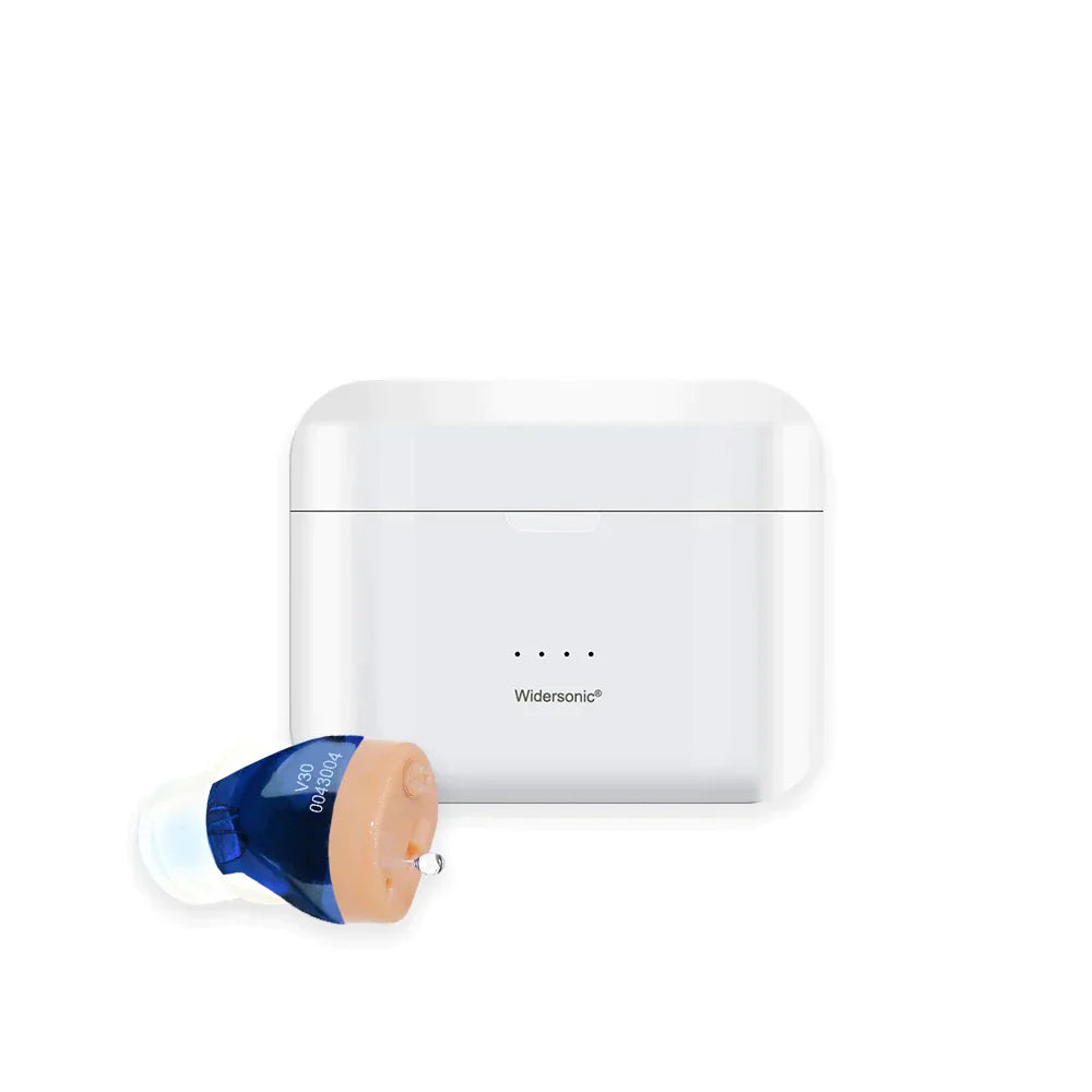 Appareil auditif invisible rechargeable, discret, avec annulation de bruit, design compact s'adaptant au conduit auditif.