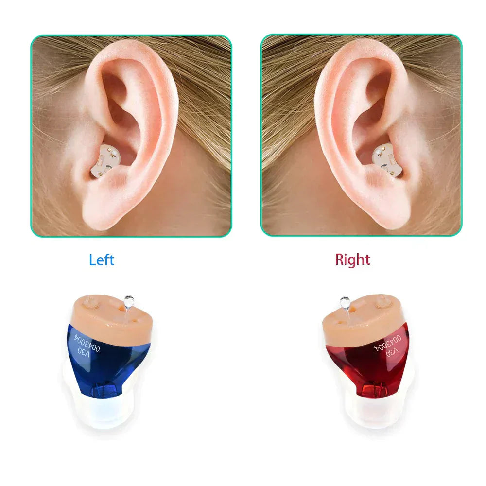 Appareil auditif invisible rechargeable, discret, avec annulation de bruit, design compact s'adaptant au conduit auditif.