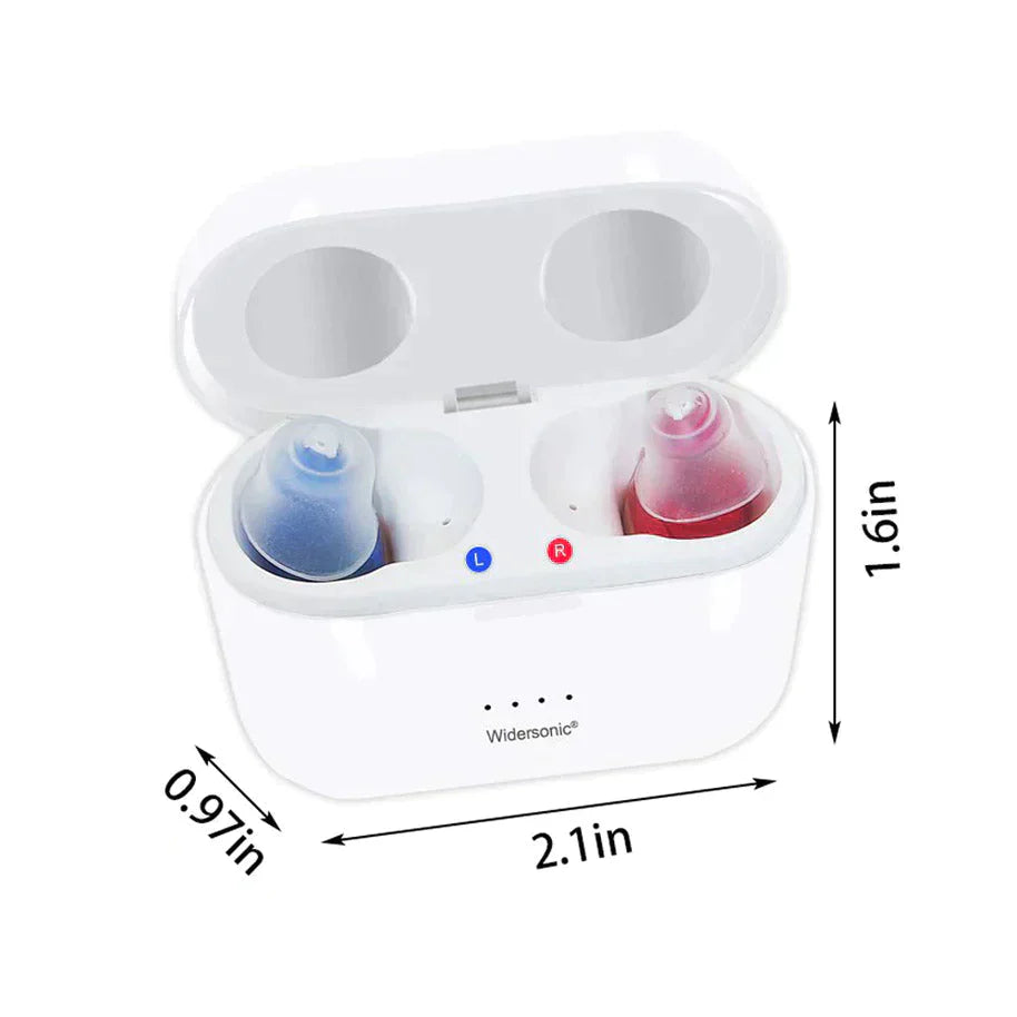 Appareil auditif invisible rechargeable, discret, avec annulation de bruit, design compact s'adaptant au conduit auditif.