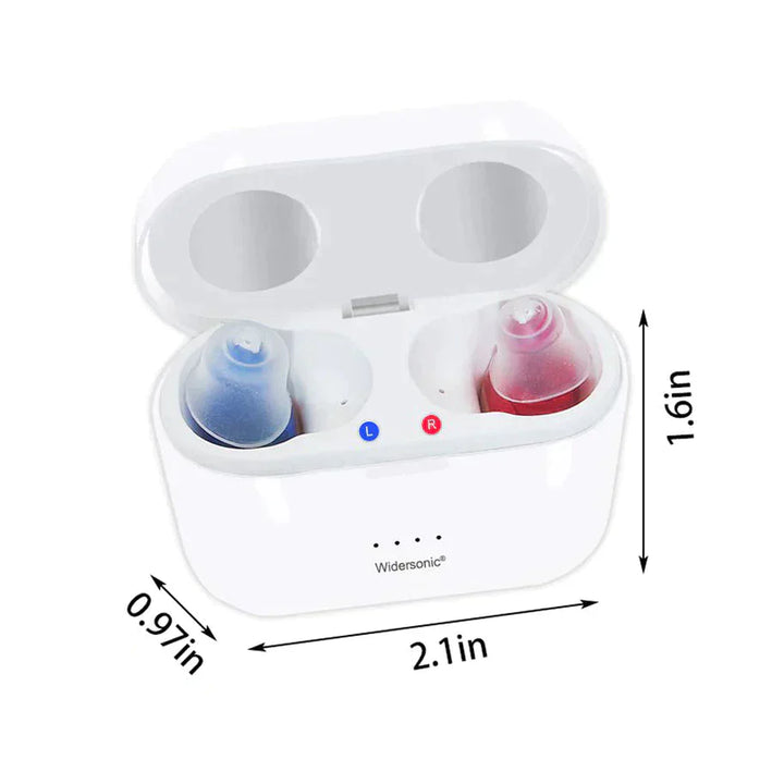 Appareil auditif invisible rechargeable, discret, avec annulation de bruit, design compact s'adaptant au conduit auditif.