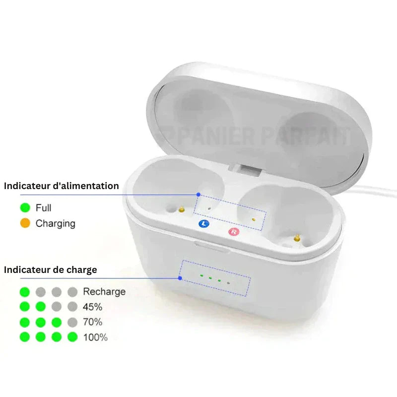Appareil auditif invisible rechargeable, discret, avec annulation de bruit, design compact s'adaptant au conduit auditif.
