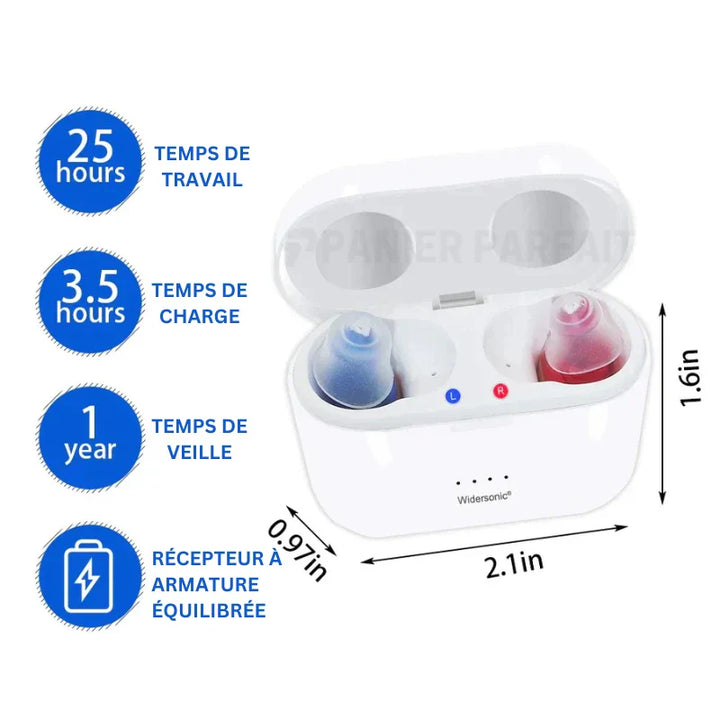 Appareil auditif invisible rechargeable, discret, avec annulation de bruit, design compact s'adaptant au conduit auditif.
