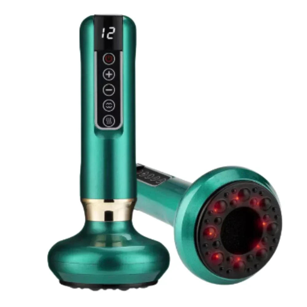 "Appareil de massage anti cellulite avec ventouse ergonomique et chaleur infrarouge, design compact blanc, gris, vert."
