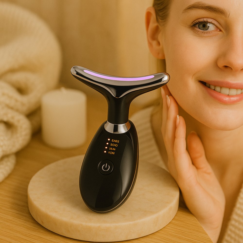 Appareil de massage LED, design ergonomique, visage et cou, lumière colorée pour soins anti-âge et éclat naturel.