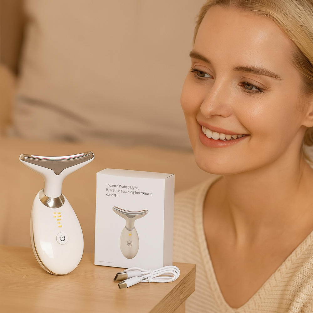 Appareil de massage LED, design ergonomique, visage et cou, lumière colorée pour soins anti-âge et éclat naturel.